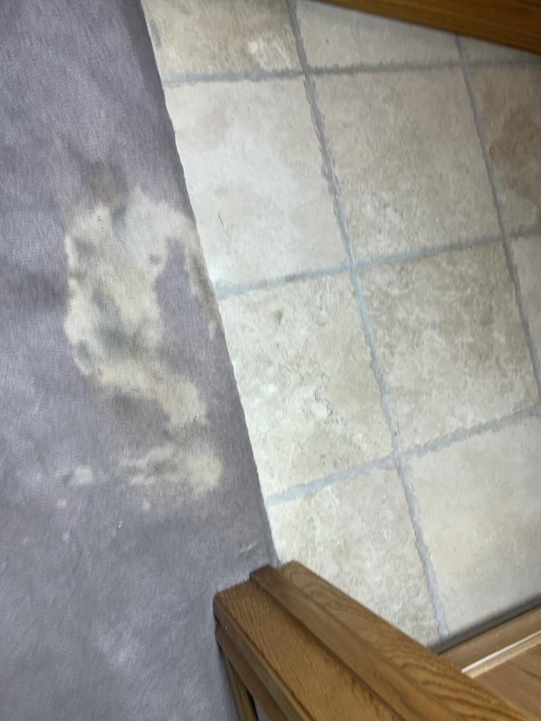 Etched, dull patch on a natural stone tile floor